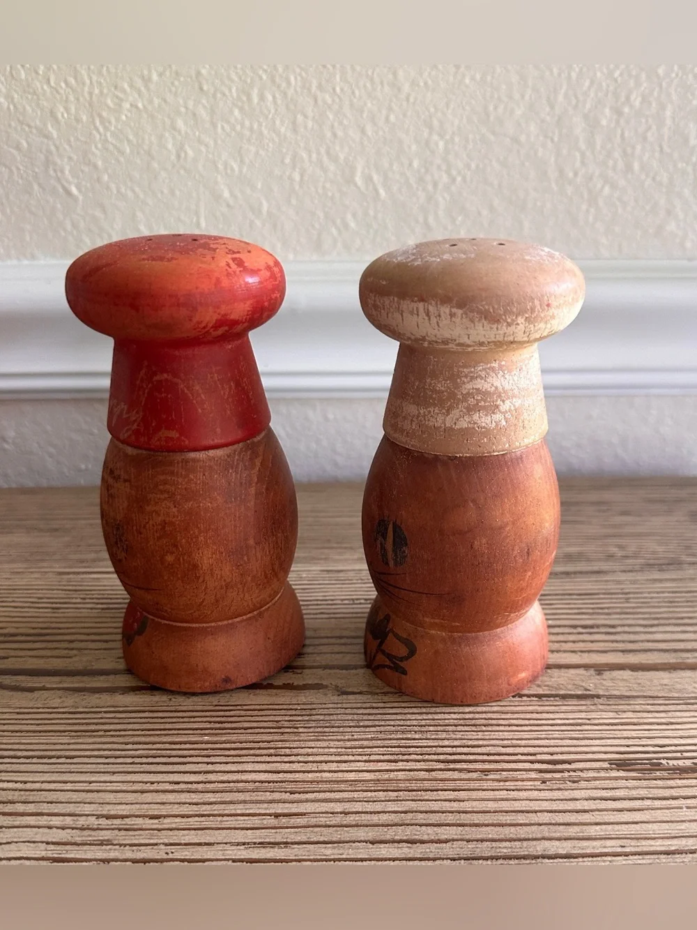 Vintage Chefs Salty & Peppy Wooden Salt and Pepper Shakers Japan 1950s